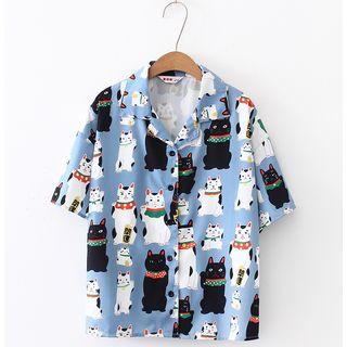 Cat Print Short-sleeve Shirt Blue - One Size