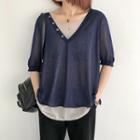 Elbow-sleeve Mock Two-piece Knit T-shirt