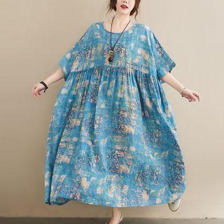 Short-sleeve Print Maxi Dress Sky Blue - One Size