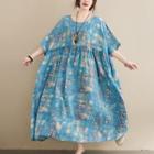 Short-sleeve Print Maxi Dress Sky Blue - One Size