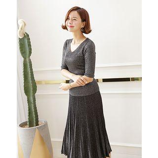 Set: V-neck Glitter Top + Accordion-pleat Midi Skirt