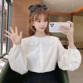 Long-sleeve Buttoned Lace Trim Blouse White - One Size