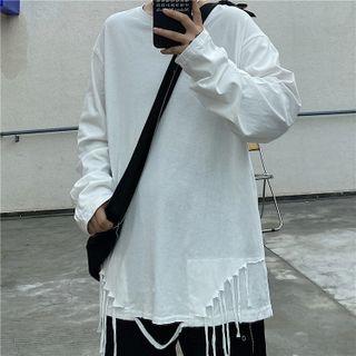 Mock Two-piece Long-sleeve Fringed T-shirt