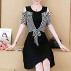Cold-shoulder Paneled Striped A-line Dress