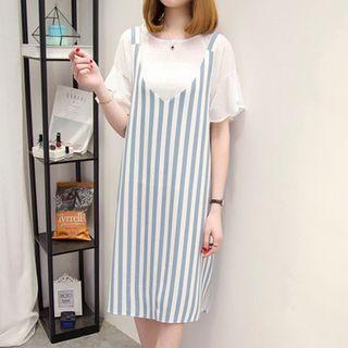 Set: Flutter-sleeve Top + Striped Pinafore Dress