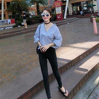 V-neck Striped Blouse Blue - One Size