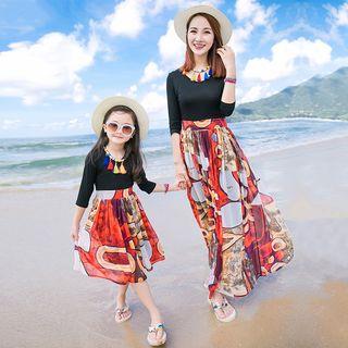 Family Matching 3/4-sleeve Patterned Panel Beach Dress