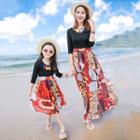 Family Matching 3/4-sleeve Patterned Panel Beach Dress