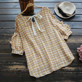 Plaid Ruffle Trim Elbow-sleeve Top