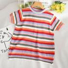 Short-sleeve Striped Pointelle Knit Top Striped - Red & Tangerine & White - One Size