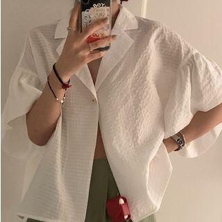 Elbow-sleeve Plain V-neck Collar Loose-fit Cardigan