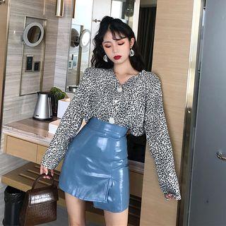 V-neck Long-sleeve Blouse / Faux Leather Mini A-line Skirt