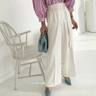 Belted Band-waist Wide-leg Pants Ivory - One Size