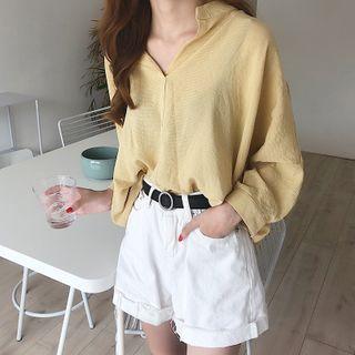 Batwing Sleeve V-neck Check Blouse