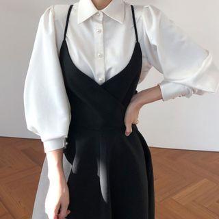 Bishop-sleeve Plain Blouse / Bow-back Midi A-line Overall Dress