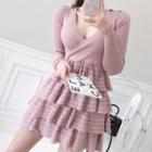 Long-sleeve Mini Tiered Knit Dress Sweater - Pink - One Size