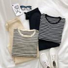 Set: Color-block Striped Long-sleeve Knit Top + Plain High-waist Knit Pants