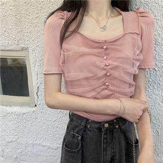 Short-sleeve Mesh Overlay Knit Top