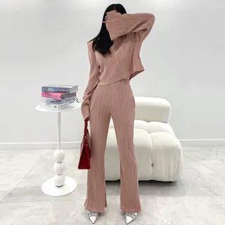 Bell-cuff Ribbed Top & Bootcut Pants Set