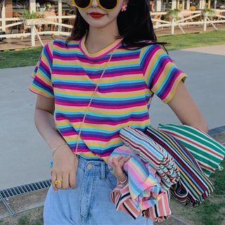 Rainbow Striped Cropped Slim-fit T-shirt