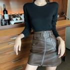 Plain Long-sleeve T-shirt / Faux-leather Skirt