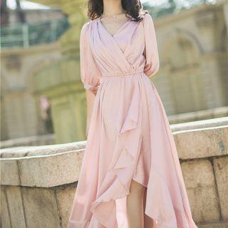 Irregular Hem Elbow-sleeve Maxi A-line Dress