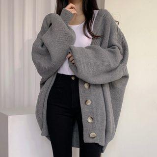 Long Sleeve V Neck Ribbed Plain Cardigan