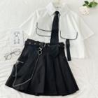 Contrast Trim Elbow-sleeve Shirt / Pleated Mini A-line Skirt / Set