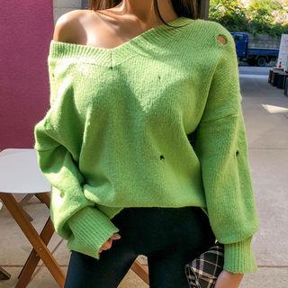 Distressed Colored Wool Blend Sweater