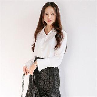Half-placket Button-trim Wide-cuff Blouse