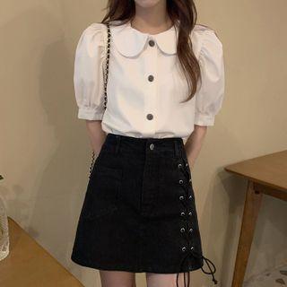 Puff Short-sleeve Shirt / Lace Up A-line Skirt