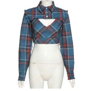Set: Long-sleeve Plaid Cropped Shirt + Camisole Top