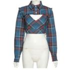 Set: Long-sleeve Plaid Cropped Shirt + Camisole Top