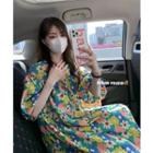 Elbow-sleeve Floral Midi A-line Dress Floral - Pink & Yellow & White - One Size