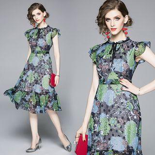 Cap-sleeve Print A-line Dress