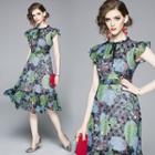 Cap-sleeve Print A-line Dress