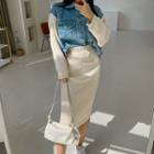Set: Contrast-sleeve Fray-hem Denim Jacket + Knit Skirt