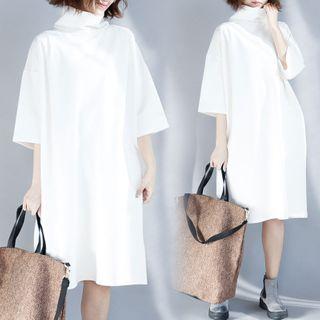 Mock-turtleneck Elbow-sleeve A-line Dress White - One Size