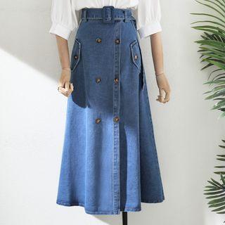 Belted Denim Midi A-line Skirt