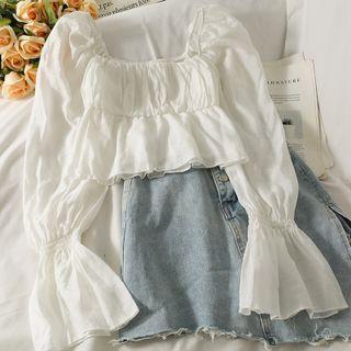 Off-shoulder Bell-sleeve Smocked Crop Blouse White - One Size
