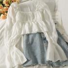 Off-shoulder Bell-sleeve Smocked Crop Blouse White - One Size