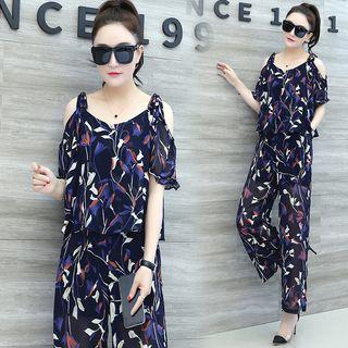 Set: Short-sleeve Cold-shoulder Leaf Print Top + Cropped Wide-leg Pants