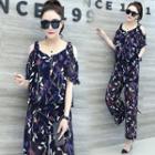 Set: Short-sleeve Cold-shoulder Leaf Print Top + Cropped Wide-leg Pants