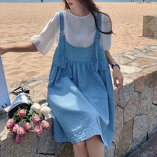 Set: Elbow-sleeve Top + Denim A-line Overall Dress