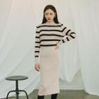 Set: Stripe Rib-knit Top + Midi H-line Skirt