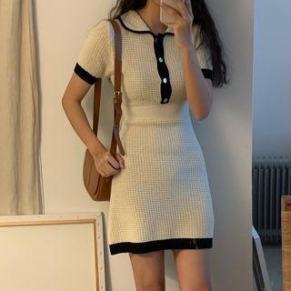 Short-sleeve Contrast Trim A-line Polo Knit Dress