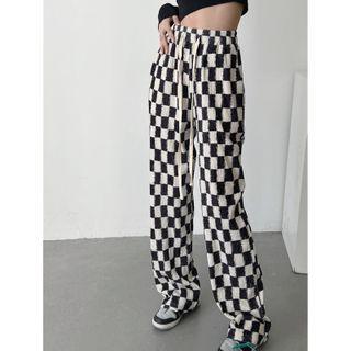 Checkered Drawstring Loose Fit Pants