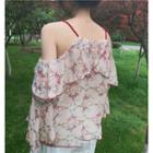Printed Cold Shoulder Bell-sleeve Chiffon Blouse