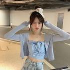 Long-sleeve Plain Cardigan / Plaid Tie Accent Tube Top