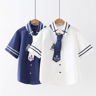 Embroidered Short-sleeve Shirt With Tie